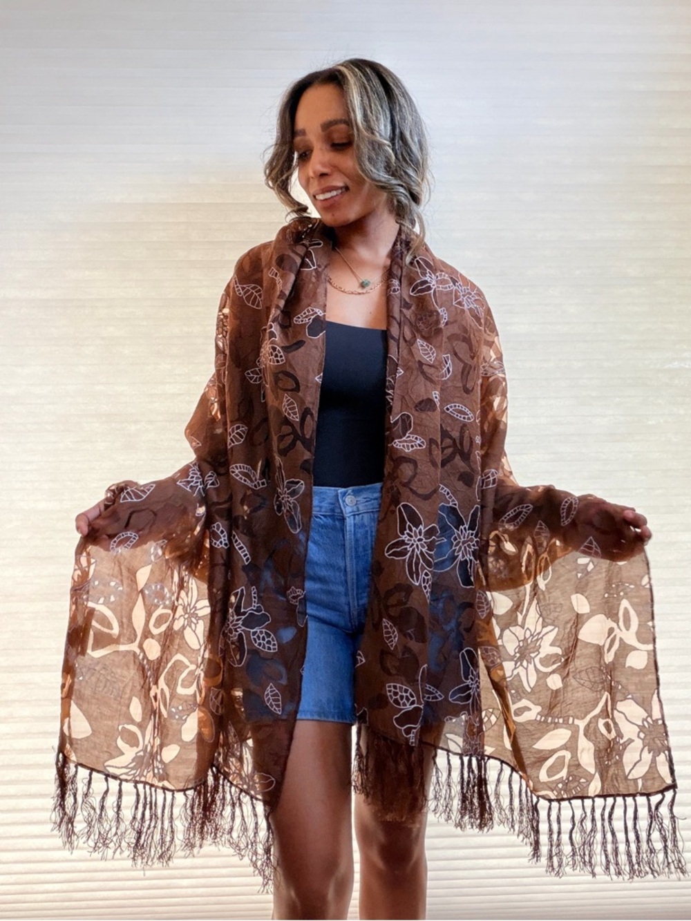 Peter Nygård Sheer Brown Floral Burnout Wrap Scarf w/ Fringe